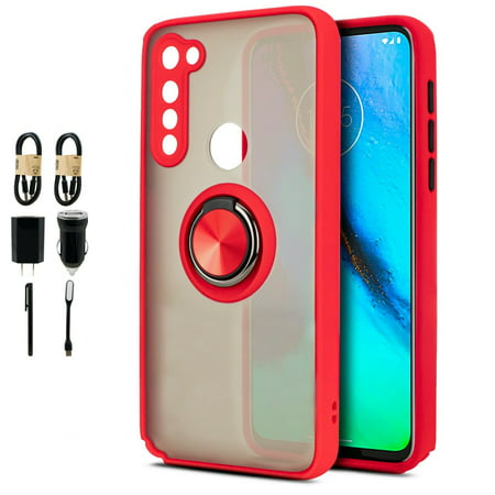 Value Pack Cables + for Motorola Moto G Stylus XT2043 Hard TPU Skin Ring Magnetic Case Slim Phone Case Bounce Corner Edge Shock Slip Scratch Guard Cover (Red)
