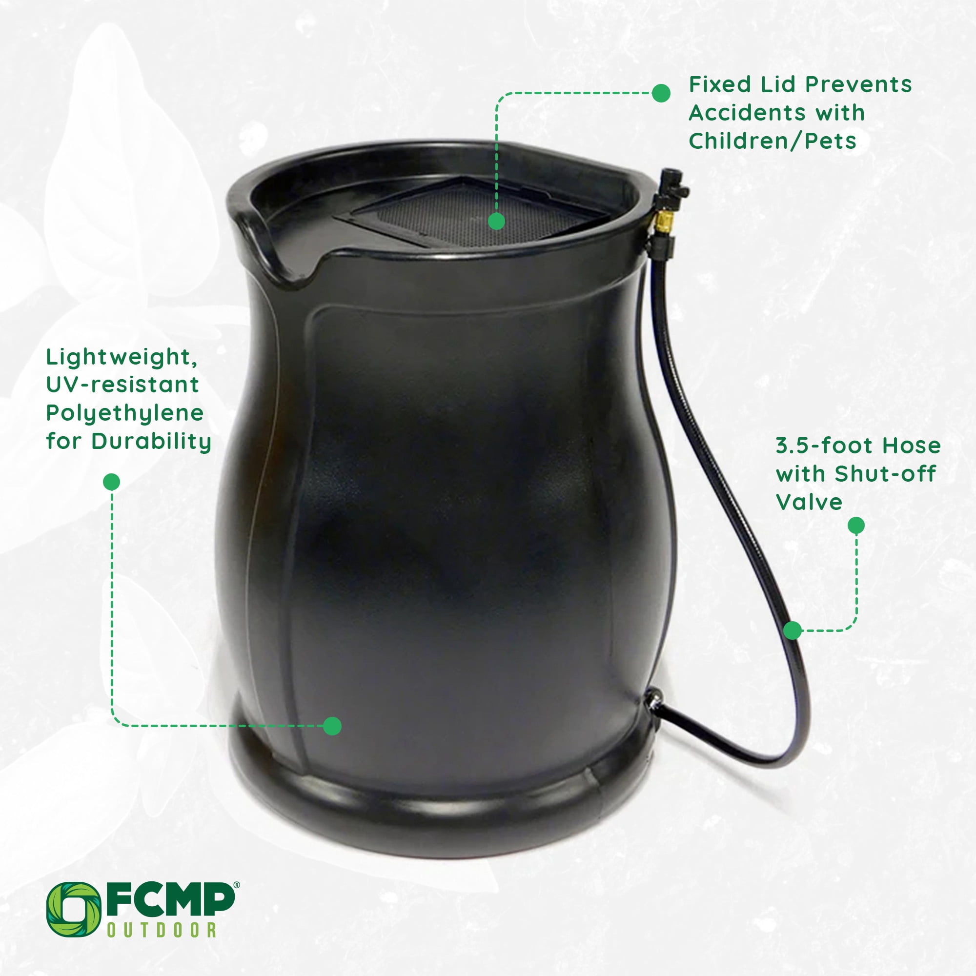 FCMP Outdoor Catalina 45 Gallon Rain Catcher Barrel w/ Hose, Black