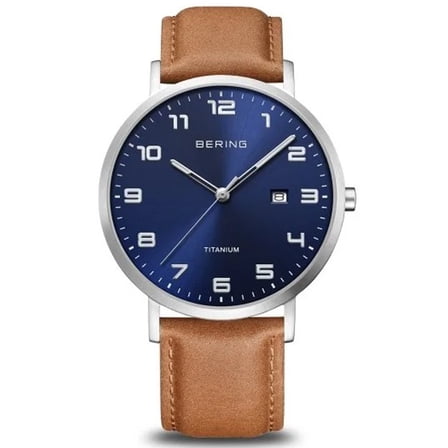Bering Time Titanium Collection Polished Silver Titanium Case with Brown Leather Strap and Blue Dial Men's Watch. 18640-567