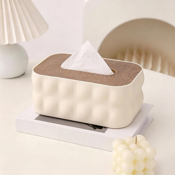 Yhmxh Textured Rectangular Tissue Box Cover with Wood Lid, Minimalist Napkin Holder Tissue Storage Organizer, Decorative Resin Facial Tissue Dispenser for Bedroom Living Room Kitchen Office Table