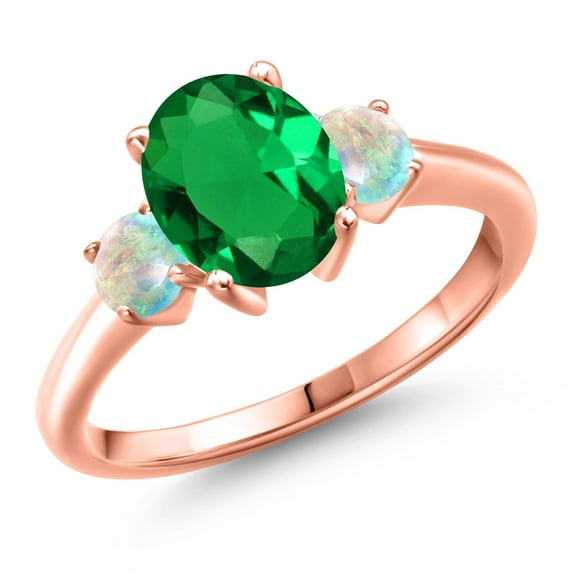 Gem Stone King 18K Rose Gold Plated Silver Green Nano Emerald and Simulated White Opal Engagement Ring for Women | 2.00 Cttw | Oval 9X7MM | Gemstone May Birthstone | Size 8