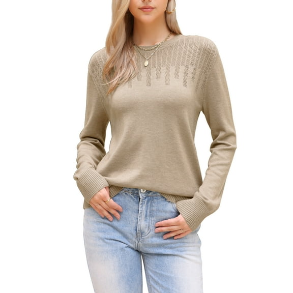 INSPIRE CHIC Women's Sweater Casual Crewneck Hollow Work Fall Winter Loose Sweater XS Khaki