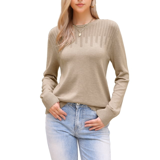 Suéter Casual de Cuello Redondo para Mujeres INSPIRE CHIC, Diseño Hueco, Otoño Invierno, Suéter Suelto, Talla L, Color Caqui