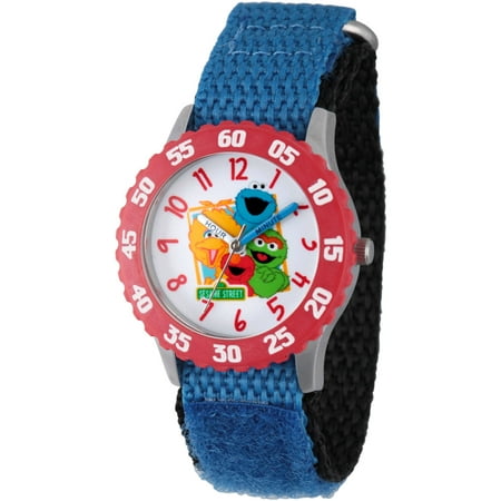 Sesame Street Group Boys' Stainless Steel Time Teacher Watch, Red Bezel, Blue Hook and Loop Nylon Strap with Black Backing