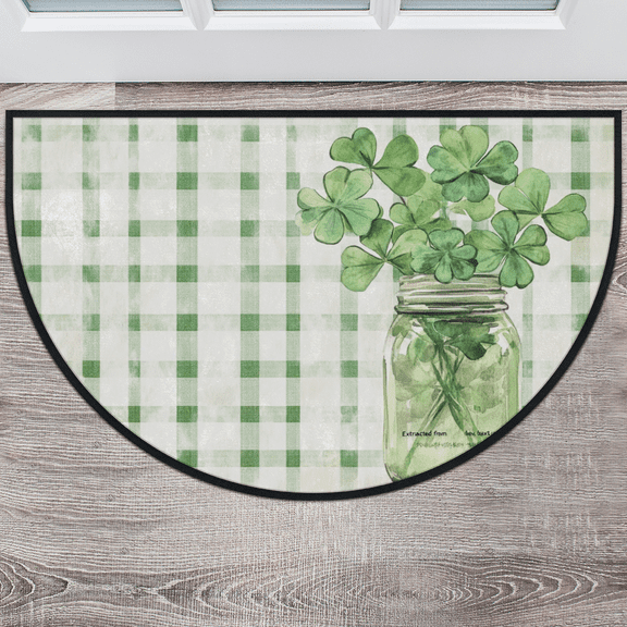 CURLYOOT St. Patrick's Day Plant with Green Checked Half Round Door Mat 40'' x 63'', Indoor Outdoor Entrance Rug, Semi Circular Area Rug, Non Slip Washable Absorbent Doormat, Laundry Room Rug