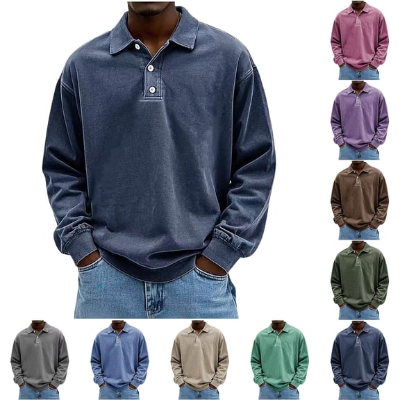 Puntoco Men’s Vintage Mineral Washed Long Sleeve Polo Shirt, Loose Fit Retro Collared Casual Pullover Top Purple XL(XL)