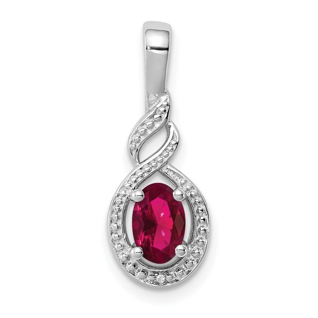 925 Sterling Silver Rhodium Plated Created Ruby and Diamond Pendant
