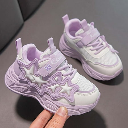 

YOUSNH Girls Sports Shoes Fashionable New Pattern Simple and Cute Flat Bottom Comfortable Mesh Breathable and Non Hook Loop Seasonal Casual Shoes Kids Shoes Purple 1