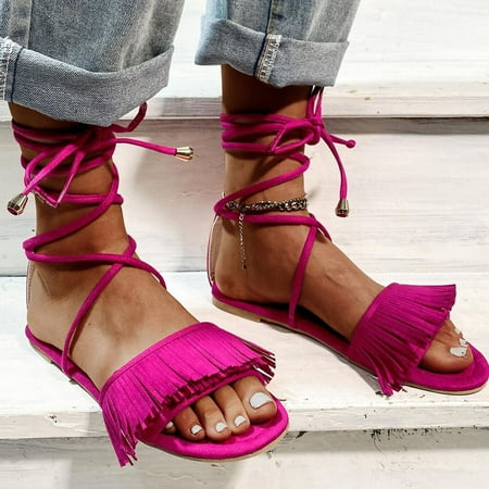 

〖Yilirongyumm〗 Purple 38 Sandals Women Large Flat Sandals Casual Summer Size Fashion Women s Tassel Strap Women s Sandals
