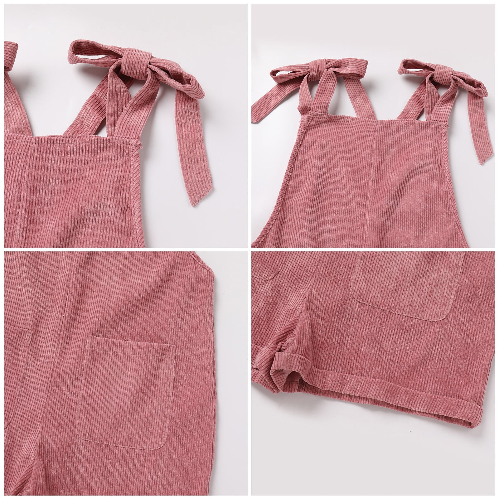 FYMNSI Mommy and Me Short Jumpsuits Matching Outfits Women Casual Sleeveless Loose Rompers Girls Bowknot Tie Straps Overalls with Pockets Pink Corduroy (Baby Girl 9-12M)