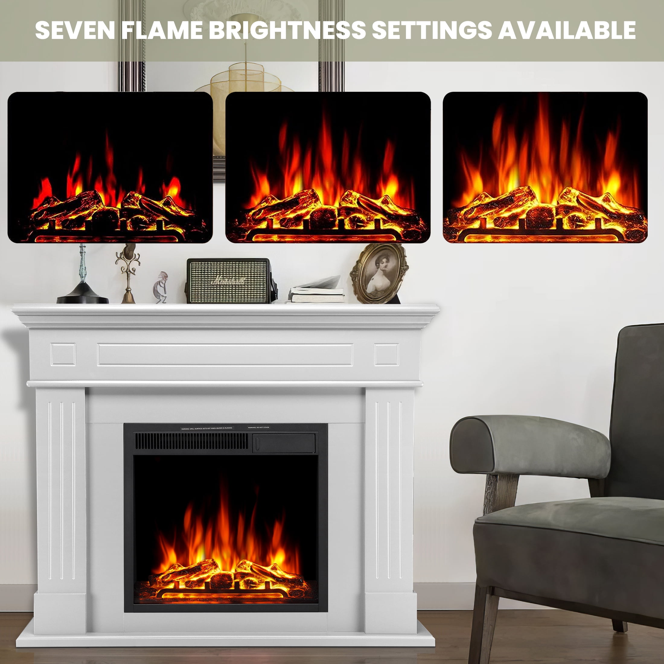 KISSAIR Electric Fireplace Mantel Package Wooden Surround Firebox Electric Fireplace Heater with Logs, Adjustable Led Flame, Remote Control for Room, 750W-1500W, Pearlwhite