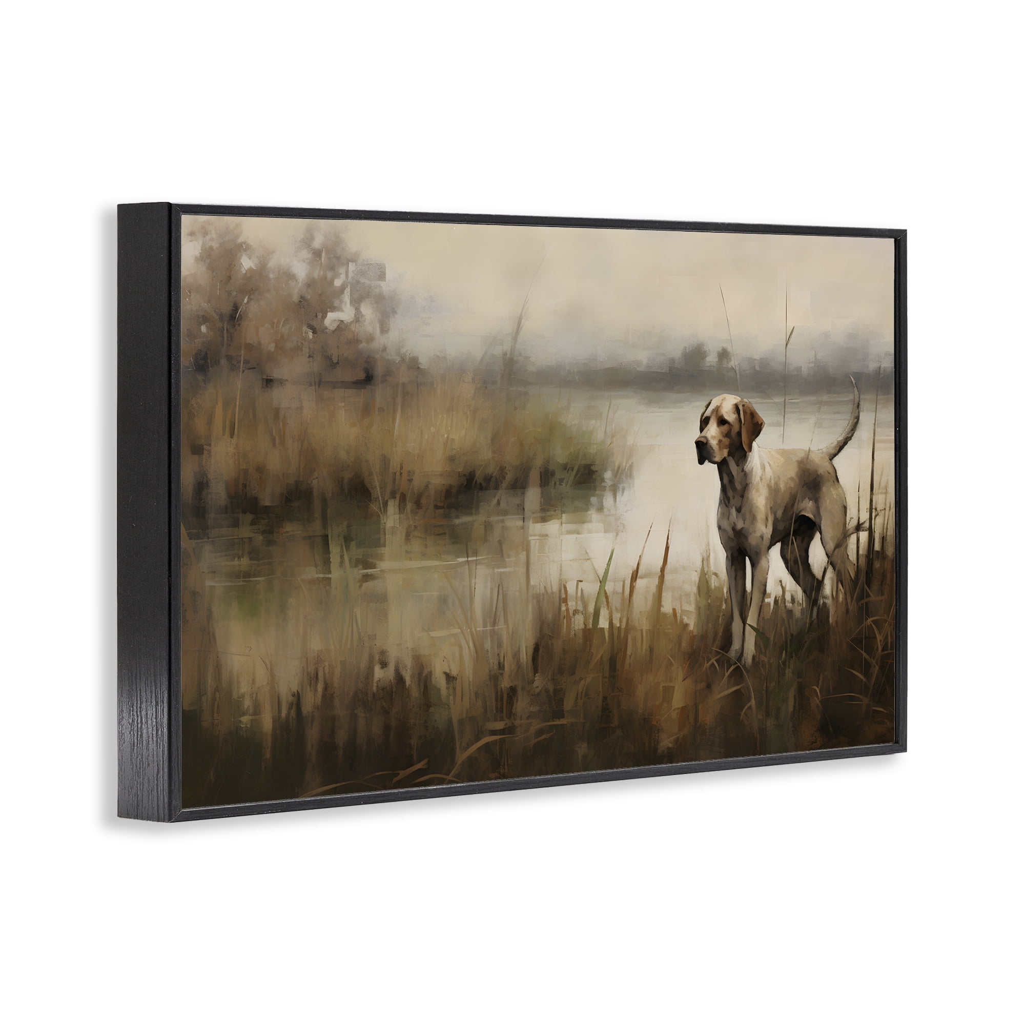 Stupell Industries Hunting Dog in Nature Landscape Painting Black Framed Art Print Wall Art, 30 x 20