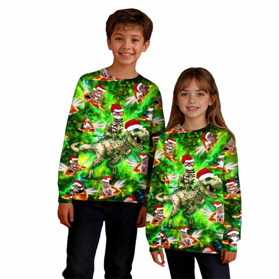 HCYSFG Boys Girls Christmas Sweatshirt Dinosaur And Cat Pizza Graphic With Santa Hats Crewneck Long Sleeve Funny Pullover Holiday Tops