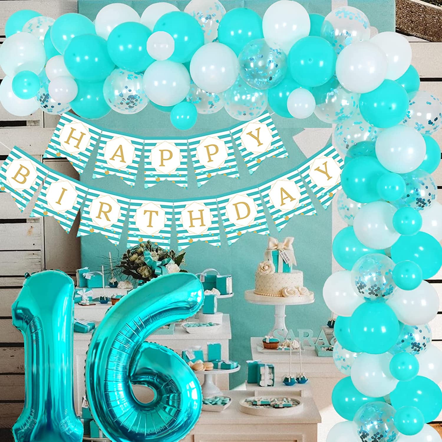 16th Birthday Decorations for Girls Teal Blue and White Balloon Garland
