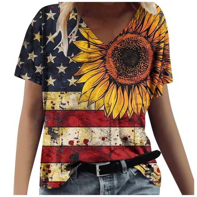 KIHOUT T-Shirt Imprimé Mode pour Femmes Jour de l'Indépendance Manches Courtes Col en V Été Bleu TG