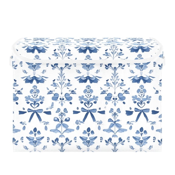 Small Blue Flowers and Bowknots Foldable Storage Bin with Lid and Handle Collapsible Storage Box 16.5 x 12.6 x 11.8 inches