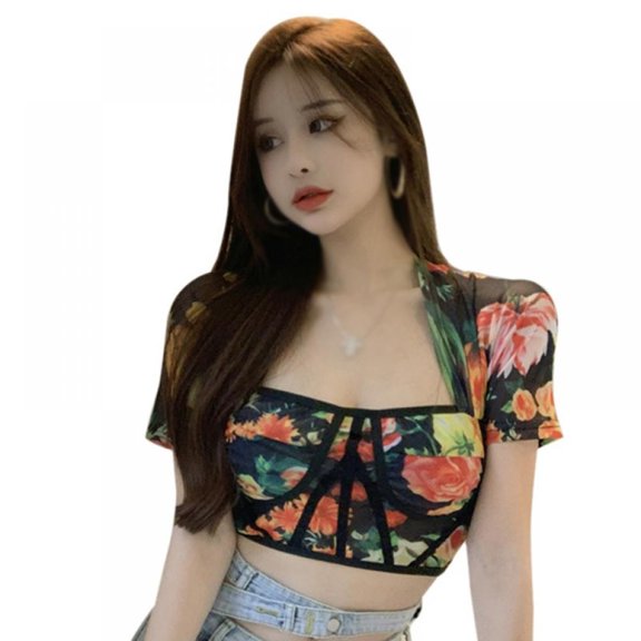 Women's Short Sleeve Square Neck Floral Tee Shirt Retro Crop Top