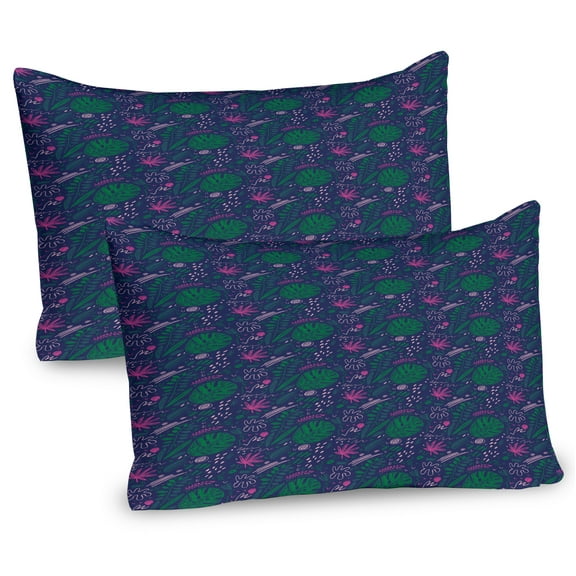 Ambesonne Tropic Pillow Sham 2 Pack, Exotic Flowers and Foliage, 30"x20", Indigo Green