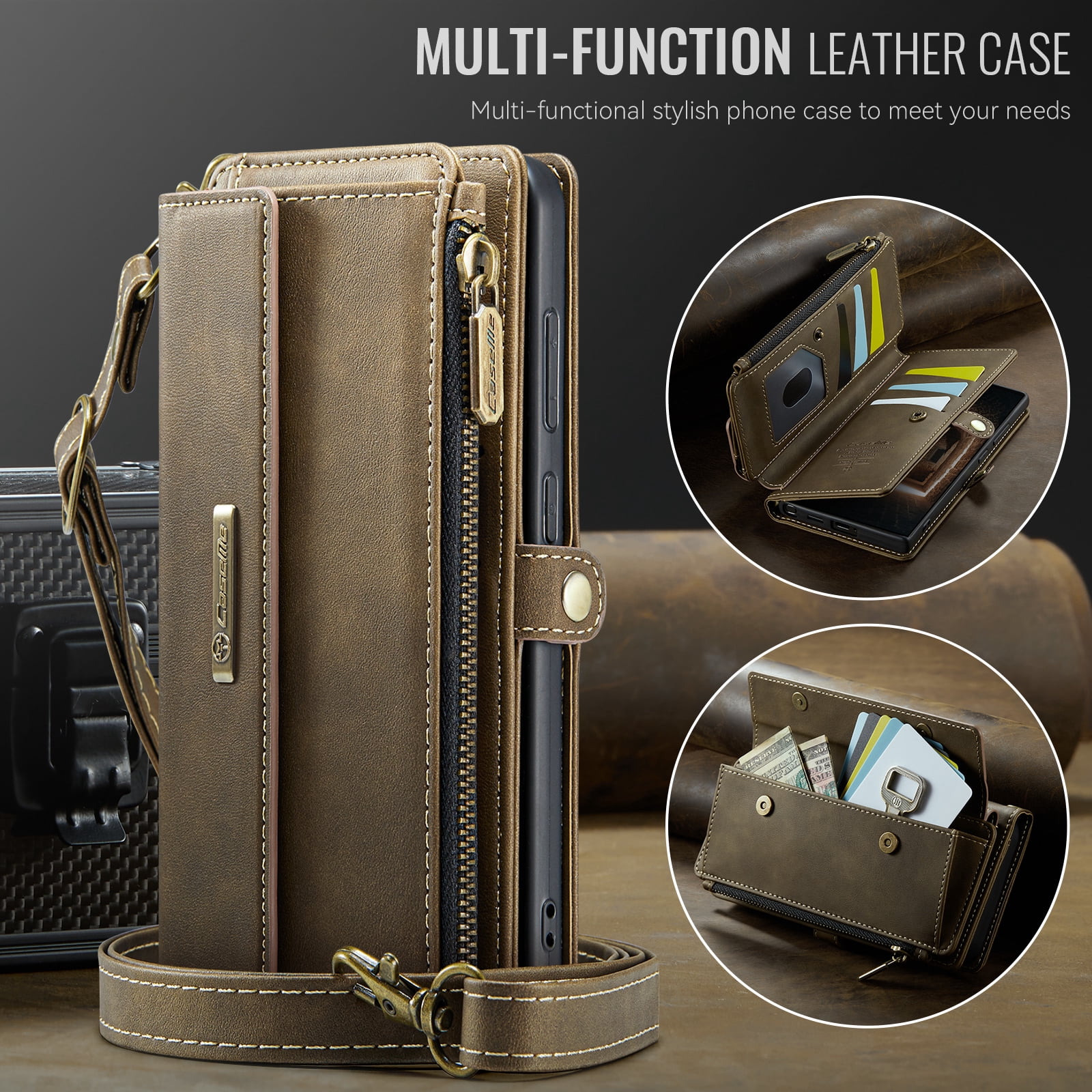 For Samsung Galaxy S25 Ultra Wallet Case, RFID Blocking PU Leather Case Women Men Kickstand flip Cover Wrist Strap Zipper Credit Card Holder Slot