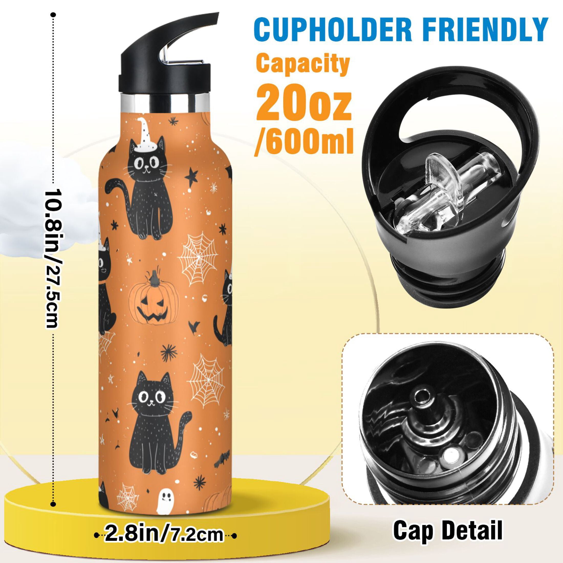 Kids Insulated Stainless Steel Sports Water Bottle 600ml (20oz) Black Cat on Orange Background