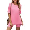 thumbnail image 2 of XFLWAM 2 Piece Outfits For Women Crew Neck T-Shirt Tops And Biker Shorts Sets Plus Size Tracksuit Pink S, 2 of 6