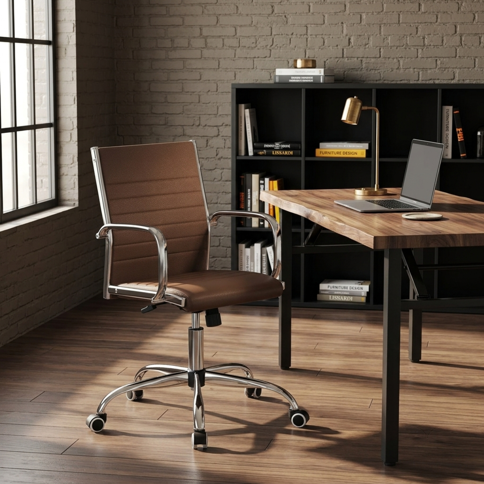 Furnibear Height Adjustable Office Chair Conference Room Chair with Rocking Backrest and Armrests for Home Office Desk Work, Brown