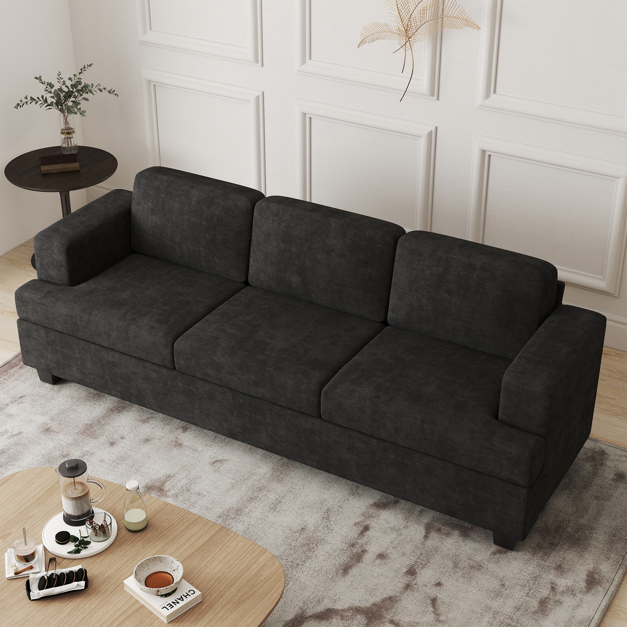 YOUDENOVA 89 Inch Sofa Couch, Modern 3-Seater Sofa for Living Room, Modern Sleeper Couches Deep Seat Sofa Lounge for Apartment, Black Chenille