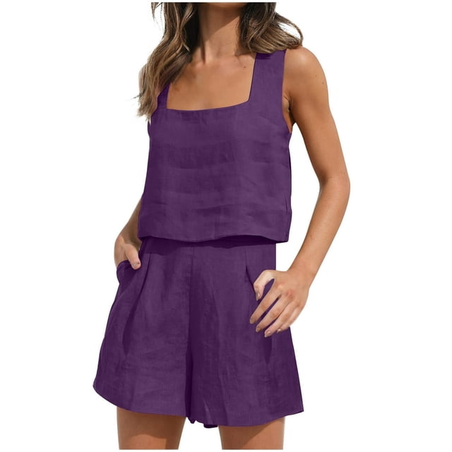 Womens 2 Piece Outfits Linen Square Neck Crop Tops Short Set 2023 Lounge Matching Sets Trendy Clothes Beach Summer