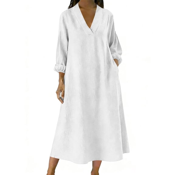 BUIGTTKLOP Cotton Linen Summer Dresses for Women 3/4 Sleeve Maxi Dresses Casual V Neck A Line Flowy Long Dresses Beach Vacation Clothes