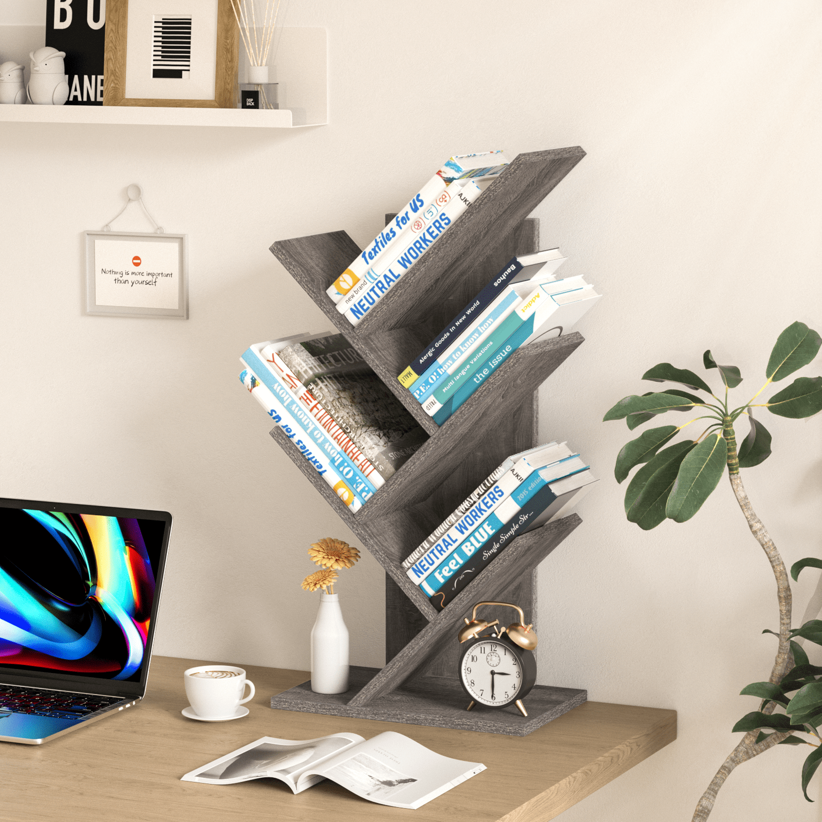 Tree Bookshelf 5-Tier Tabletop Tree Bookcase, Floor Standing Organizer Bookcases for Living Room,Bedroom, Light Grey
