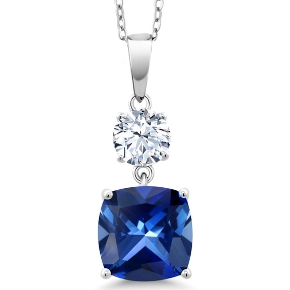Gem Stone King 6.32 Cttw Blue and White Created Sapphire Pendant Necklace for Women | 925 Sterling Silver | Gemstone September Birthstone | Cushion 10MM and Round 6MM | 18 inch Chain