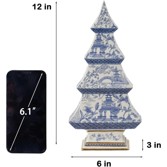 Blue and White Chinoiserie Christmas Tree Decor - 12" Vintage Tabletop Holiday Figurine, Premium Indoor Gift for Xmas Party and Home Decoration