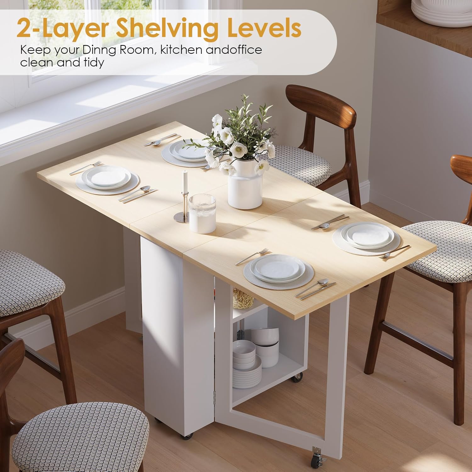 Kuublock Folding Dining Table with 2 Storage Racks, Space Saving Dining Table with 6 Wheels, Kitchen Table for Small Spaces