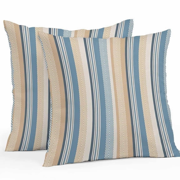 Throw Pillow Covers 16x16 Inch Set of 2, Blue Brown Beige Waterproof Outdoor Pillow Covers, Boho Farmhouse Abstract Stripes Art Decorative Cushion Pillowcases for Couch, Sofa, Bed, Garden, Patio