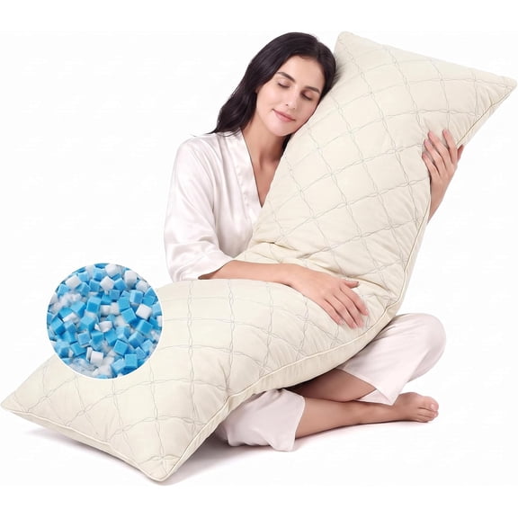 Nalqet Petal Pattern Quilted Body Pillow, 20×54 inch Shredded Blue Memory Foam Filled Long Pillow for Bed, Couch, Living Room, Beige