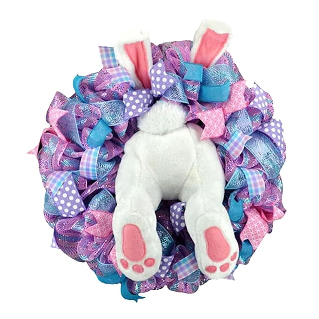 veasfak Easter Bunny Door Wreath Decor for Front Door, Easter Rabbit with Flowers Spring C