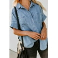 thumbnail image 1 of Women's Light Blue Turn-down Collar Short Sleeve Denim Shirt, 1 of 18