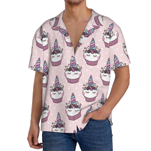 Balery Cute Cupcake Camisa Casual de Manga Corta con Botones para Hombre, Texturizada, Estilo Cubano, para Playa, Verano-XX-Large