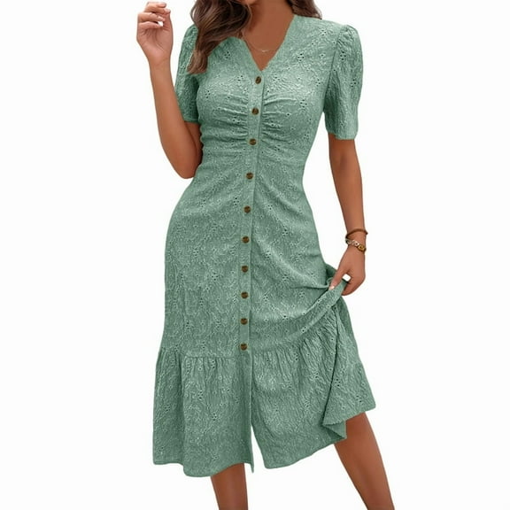 Women'S Short Sleeve V Neck Sundress Summer Casual Button Floral Dress with Pockets Light Green XL