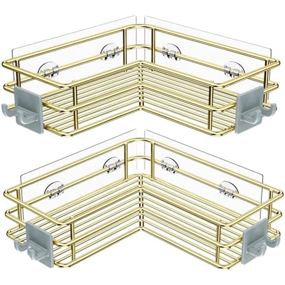 Corner Shower Shelves Stainless Steel, Adhesive Shower Caddy Basket Rack with Hooks, Rust Proof for Bathroom Shelf Shampoo Holder (Golden, 2 Pack)