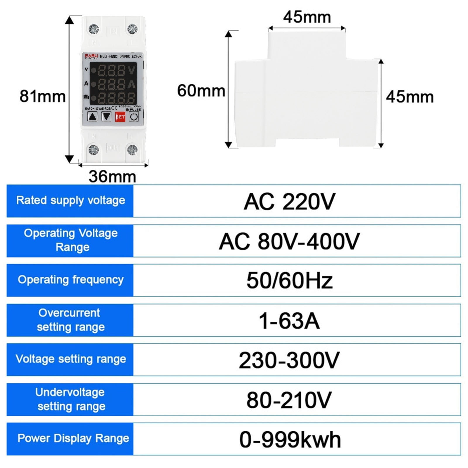 Relay Display Protective Device Protector Relay 3In1 Display Red Blue 3In1 Display Din Rail Over Voltage Reconnect Time