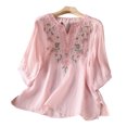 thumbnail image 4 of Perfectbot Women's Linen Blend Blouse 3/4 Sleeve Notch Neck Boho Floral Embroidery Loose Top for Vacation Work, 4 of 8