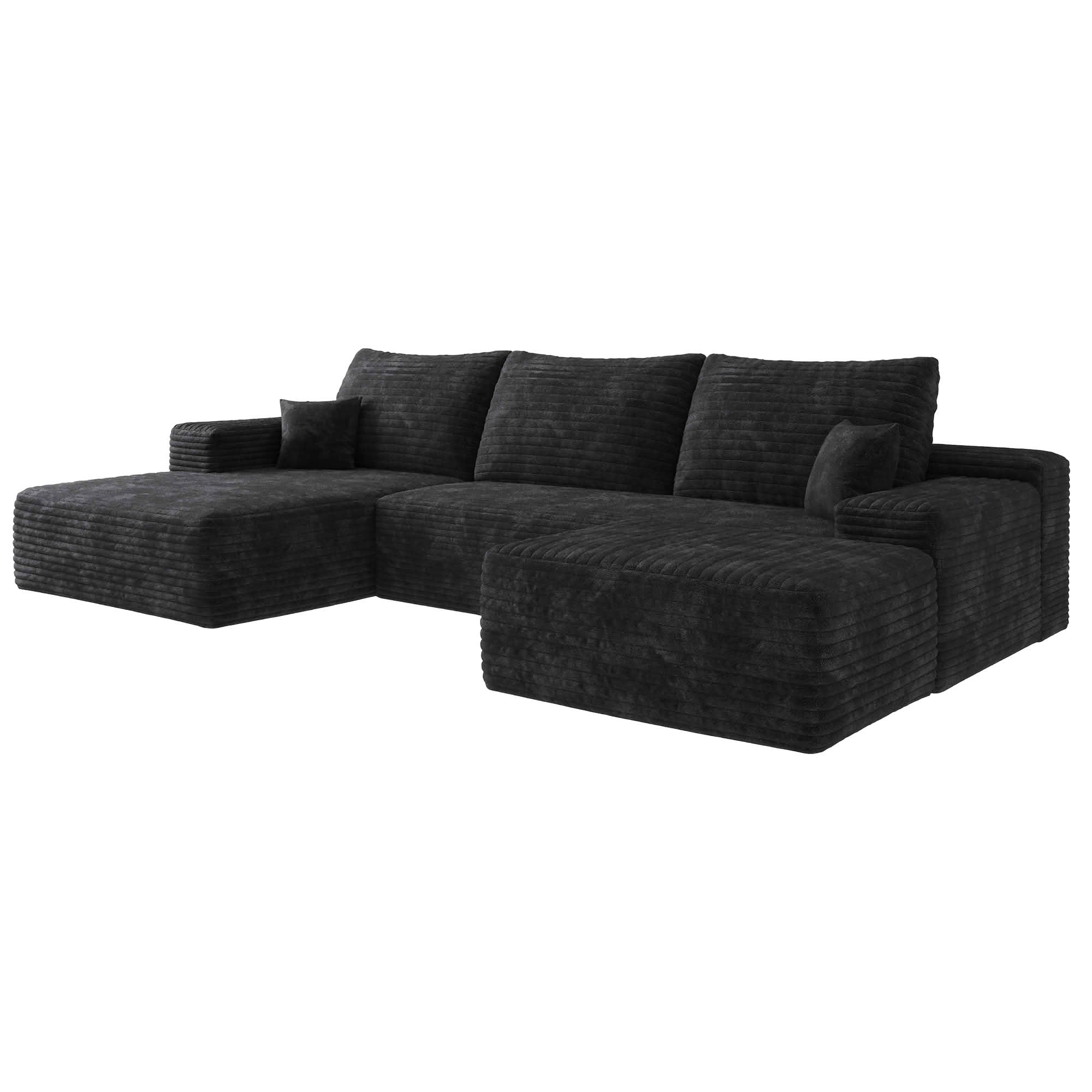 MAYEERTY 135" Cloud Sectional Sofa with Ottoman, U Shaped Deep Seat Couch, Plush Corduroy Fabric, No Assembly Required, Black
