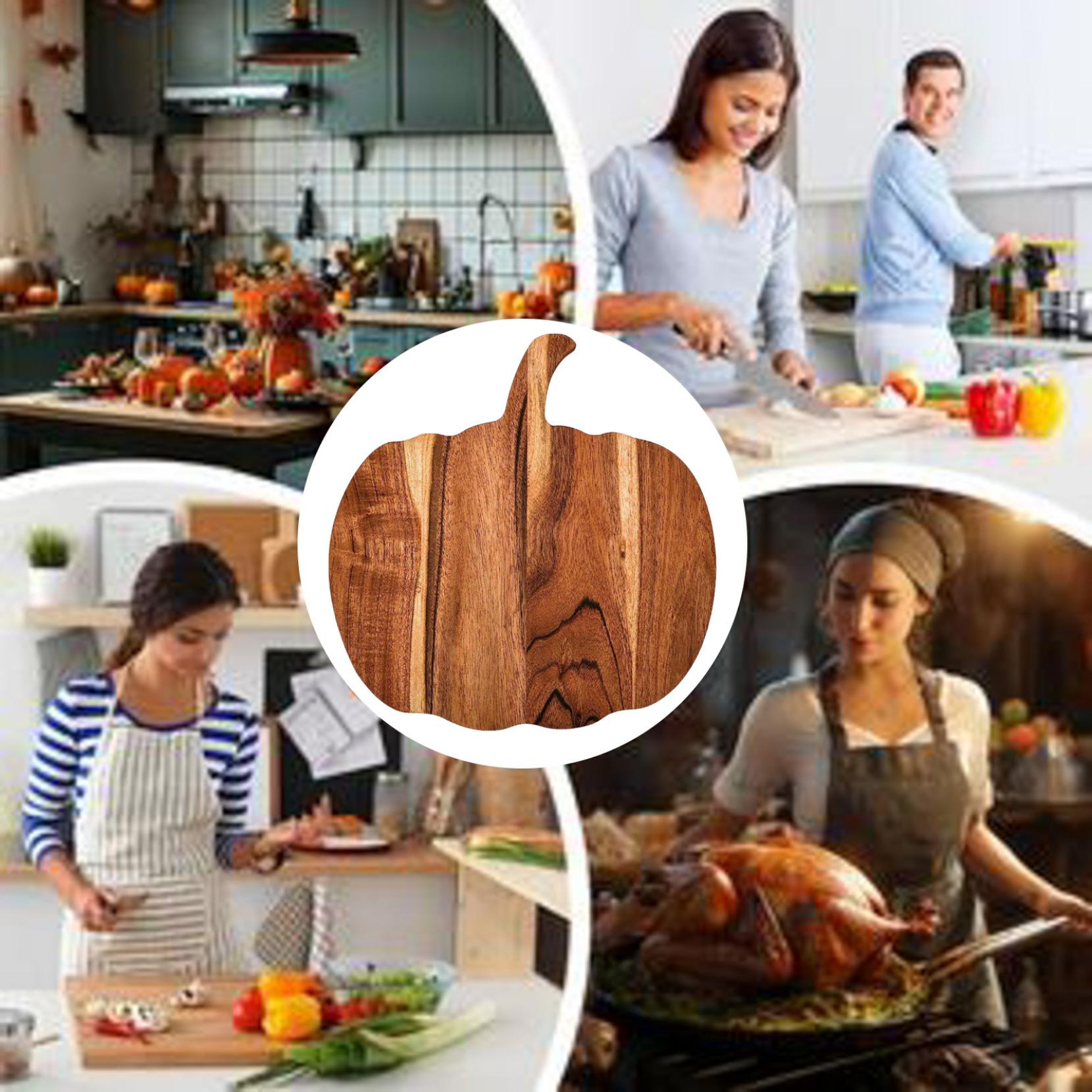 Pumpkin Shaped Wood Cutting Board, Fruit Bread Steak Cheese Turkey Serving Platter, Gothic Cutting Boards with Handle, for Halloween Thanksgiving Kitchen Decoration