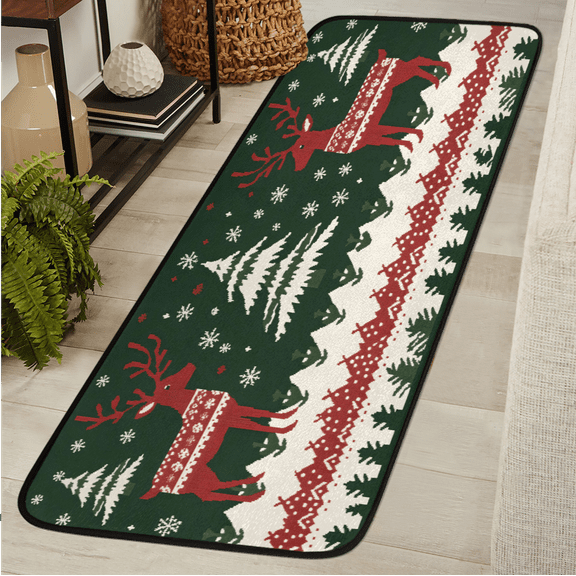 CURLYOOT Boho Christmas Elk Runner Rug 2'x6' Washable Kitchen Runner Rug Indoor Non Slip Laundry Rugs Floor Carpet for Hallway Kitchen Entryway Bedroom Living Room