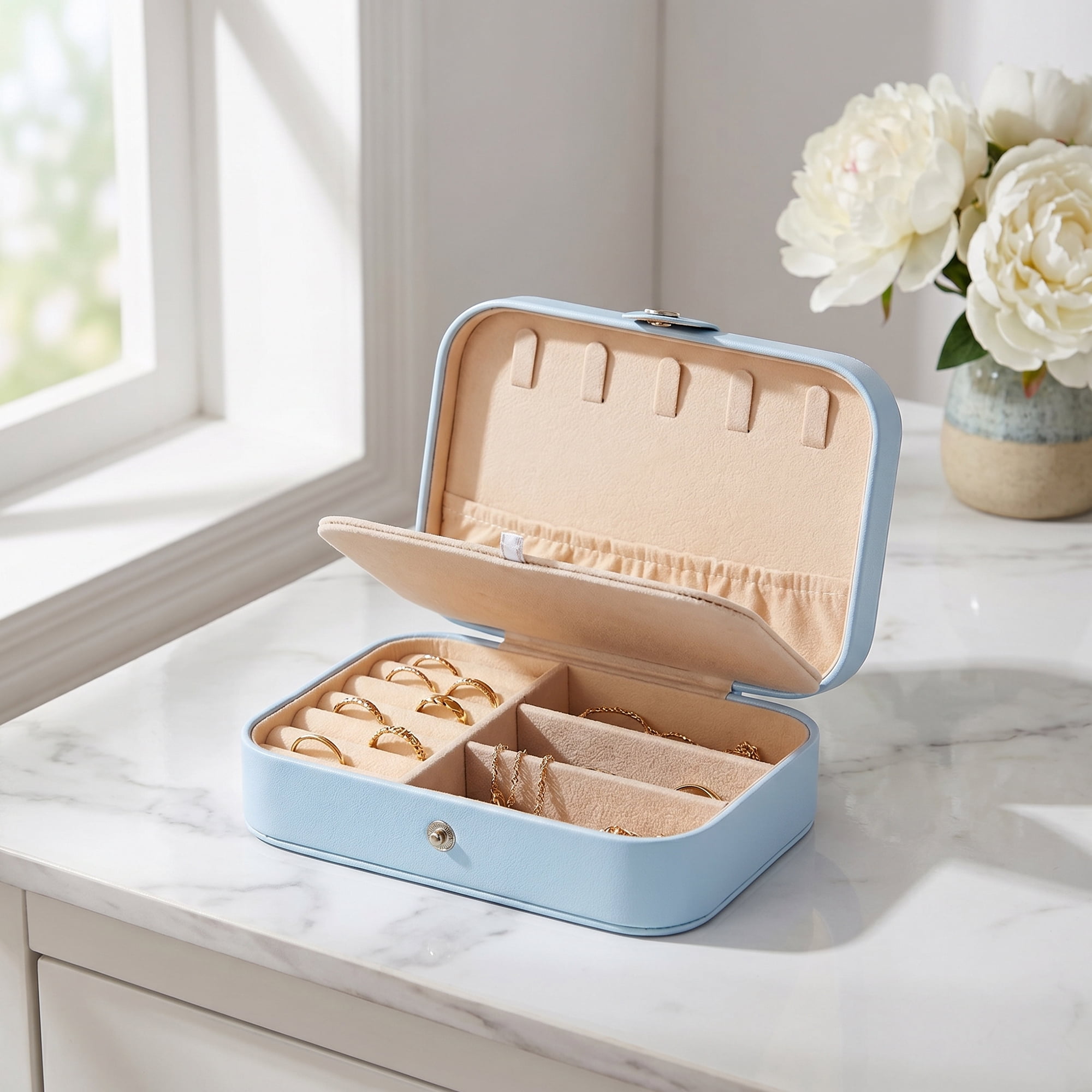 Travel Jewelry Box for Women Gifts Portable PU Leather Organizer for Earring Necklace Blue