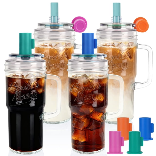 Vaso de vidrio Mason Jar Cups ANOTION con tapa de bambú de 710 ml, paquete de 4