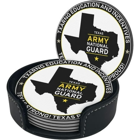 

Texas Army National Guard Premium Leather Coasters - Set of 6 with Holder | Stylish Drink Coasters for Kitchen Coffee and Home Decor