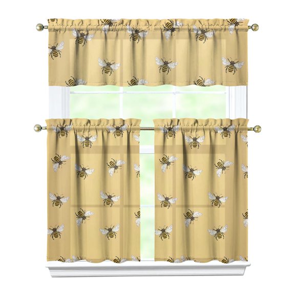 Kitchen Curtains 36 Inch Short - 3 Panel Set with Cute Bumble Bee and Honeycomb Print, Rod Pocket Window Curtain, 100% Polyester for Bee Lovers, Farmhouse, Kitchen, Living Room, Easy Wash