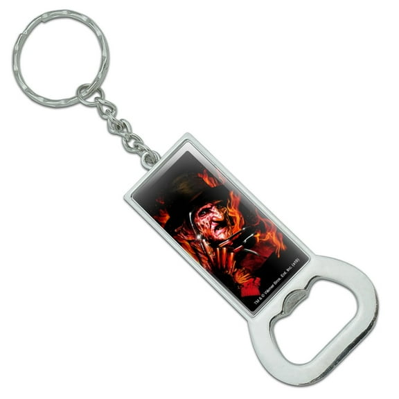 A Nightmare on Elm Street Freddy's Fire Keychain Rectangle Chrome Plated Metal Bottle Cap Opener